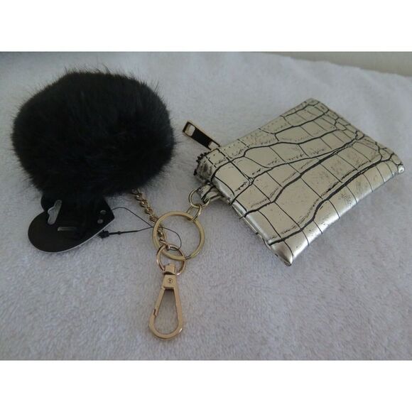 IM Heart Gold Croc Skin Zippered Coin Pouch and Black Fur Clasped Handbag Charm - Picture 3 of 9